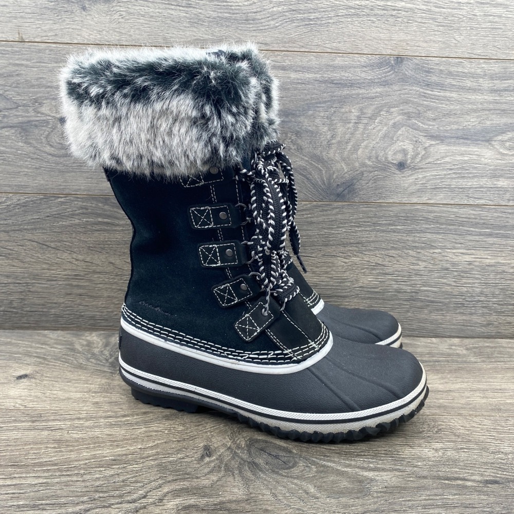 Eddie Bauer WeatherEdge Snow Boots Womens 7 Black Faux Fur Waterproof Suede